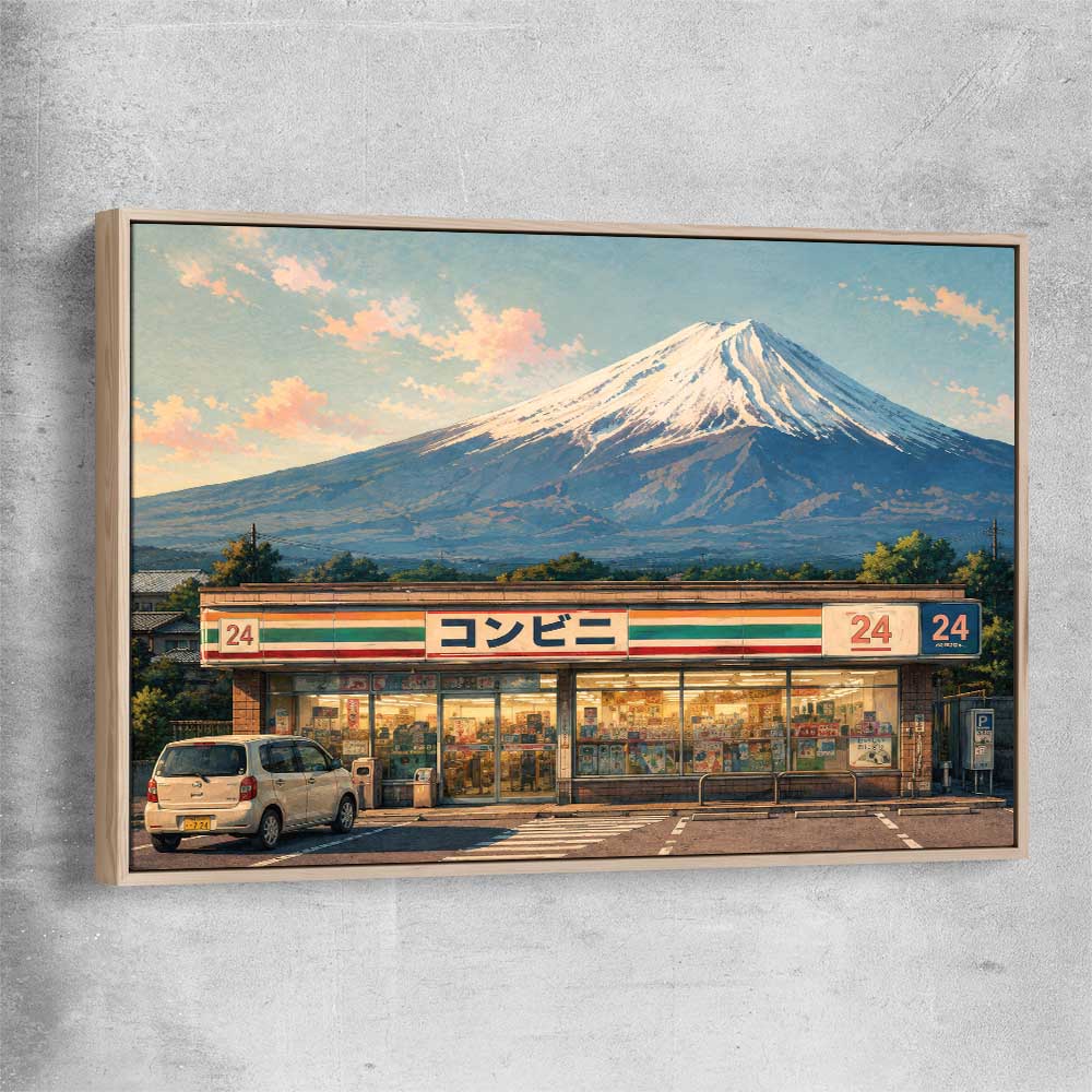 Fuji Konbini Nights raw oak framed canvas is a high quality print in our city skyline, travel prints and maps collection
