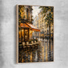 Rainy Paris Cafe raw oak framed canvas is a high quality print in our city skyline, travel prints and maps collection