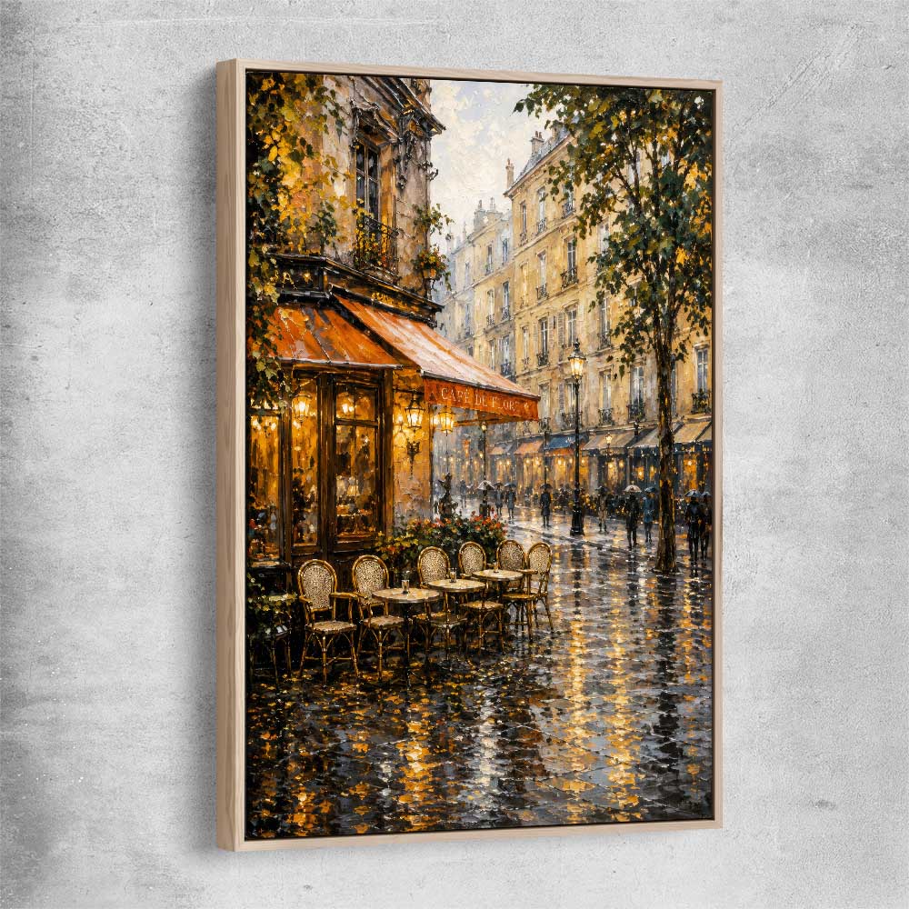 Rainy Paris Cafe raw oak framed canvas is a high quality print in our city skyline, travel prints and maps collection