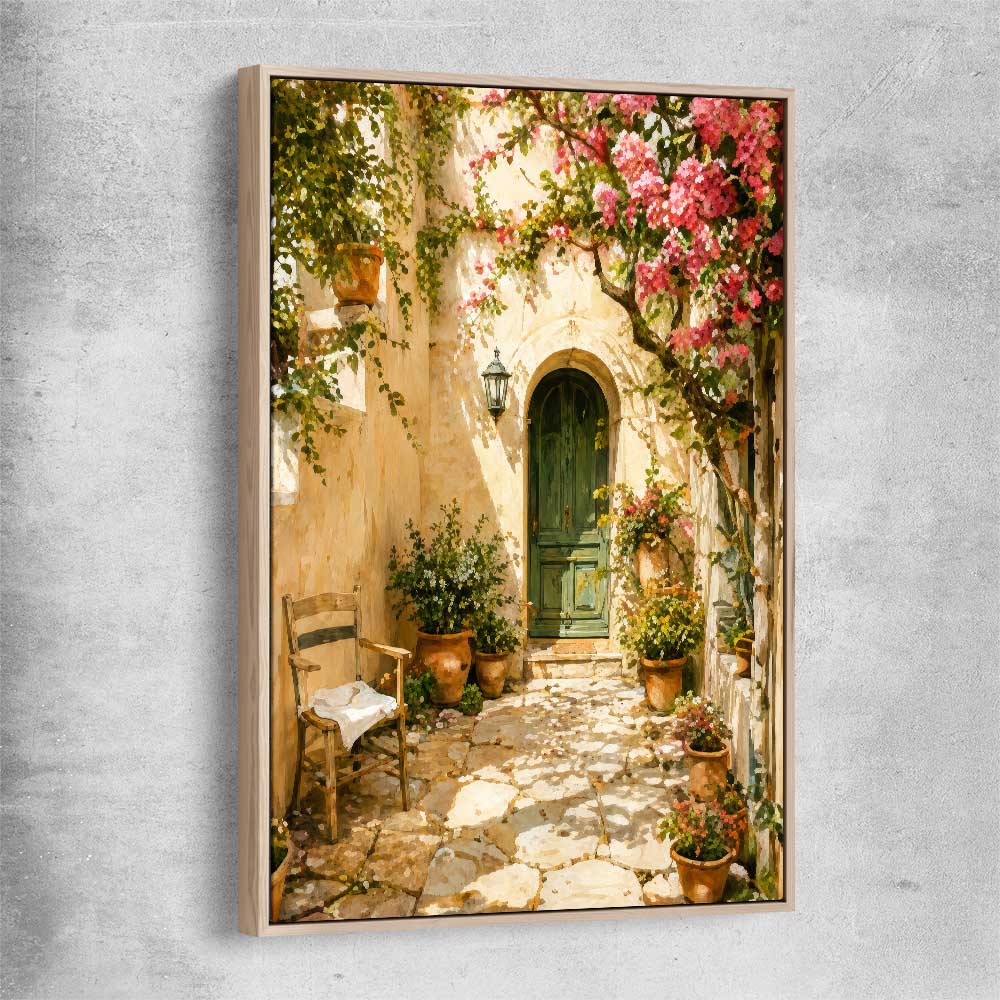 Sunlit Courtyard raw oak framed canvas is a high quality print in our city skyline, travel prints and maps collection