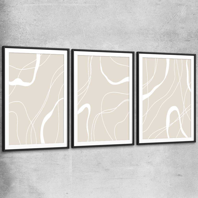 Beige Lines Set black glass front frame - part of our high quality canvas abstract wall art collection