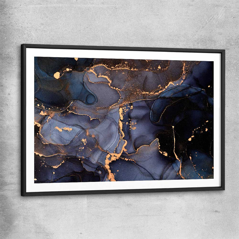 Deep Blue Veins black glass front frame - part of our high quality canvas abstract wall art collection