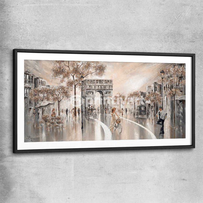 Golden Glimpse, Paris black glass front frame - part of our high quality canvas abstract wall art collection