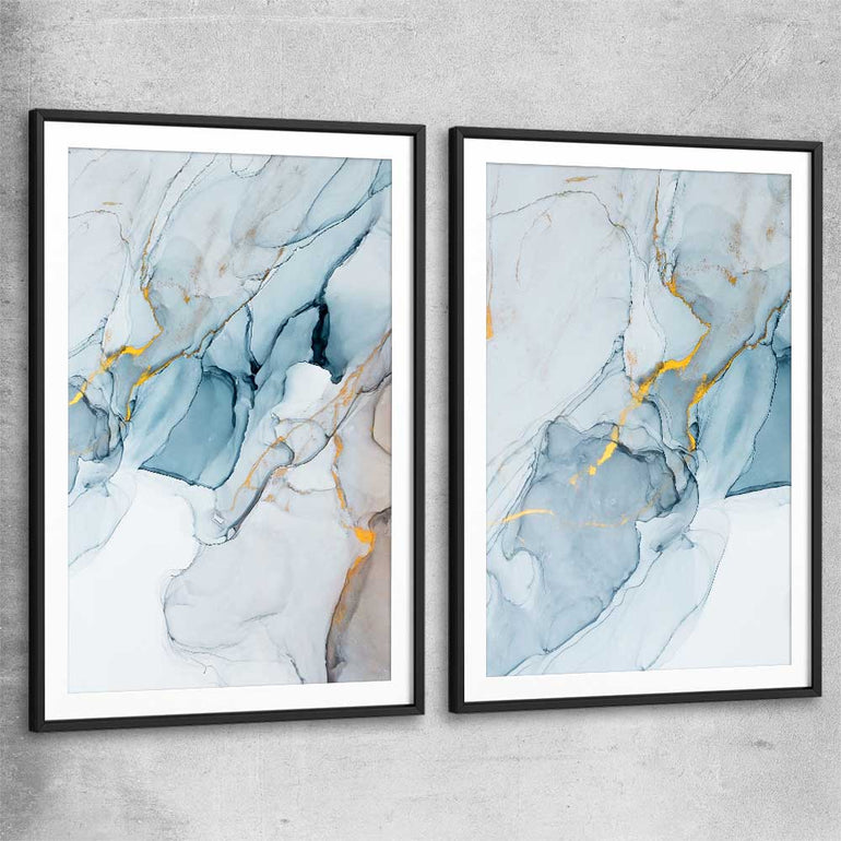 Golden Veins Pair black glass front frame - part of our high quality canvas abstract wall art collection
