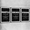 Inspirational wall art print of Hustle Definition Set with black glass front frame