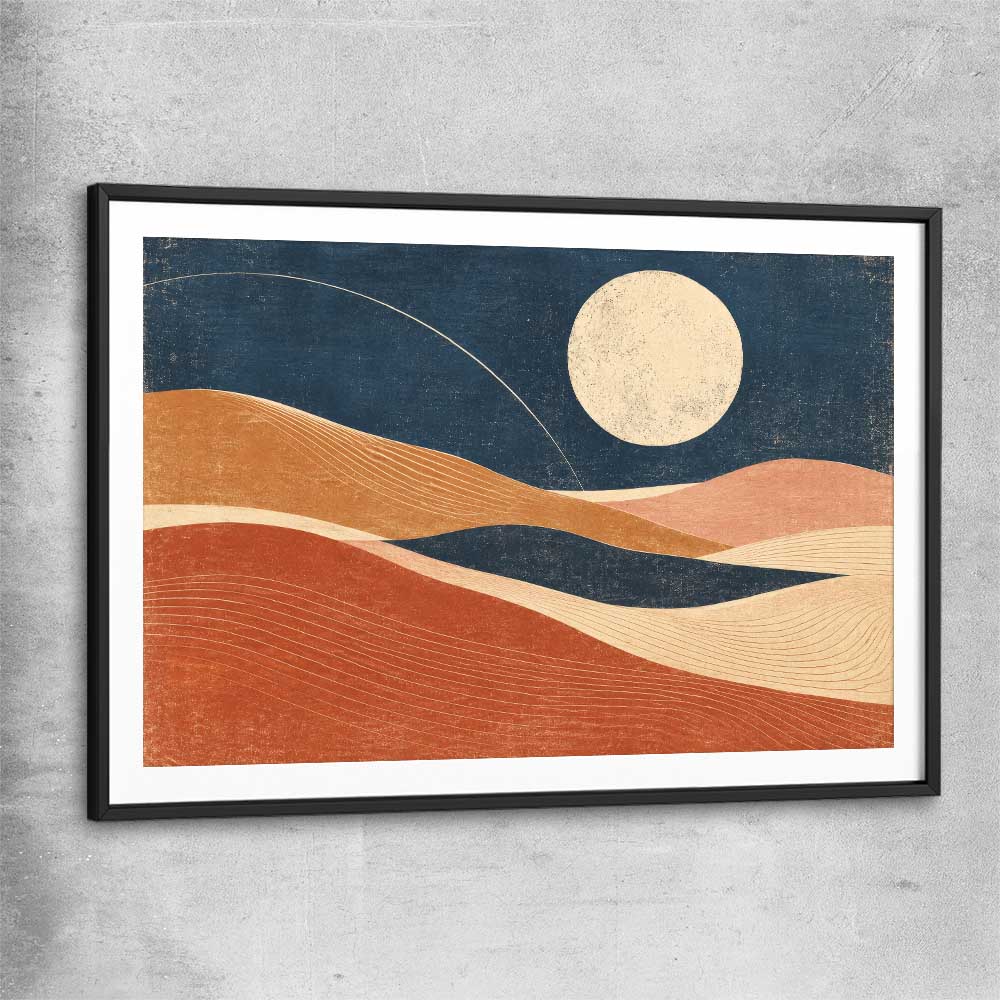 Moonlit Indigo Dunes black glass front frame - part of our high quality canvas abstract wall art collection