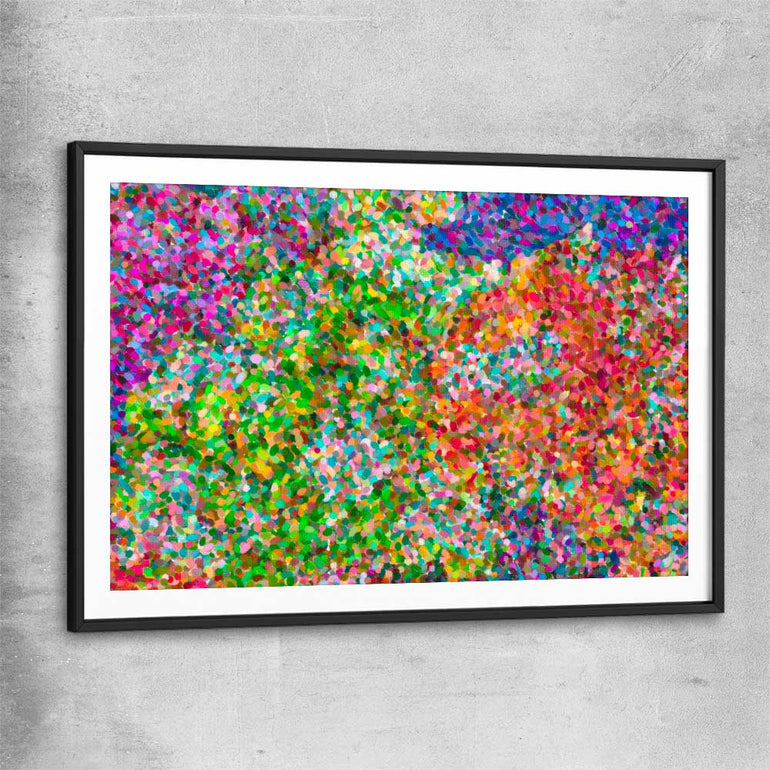 Pointillist Burst black glass front frame - part of our high quality canvas abstract wall art collection