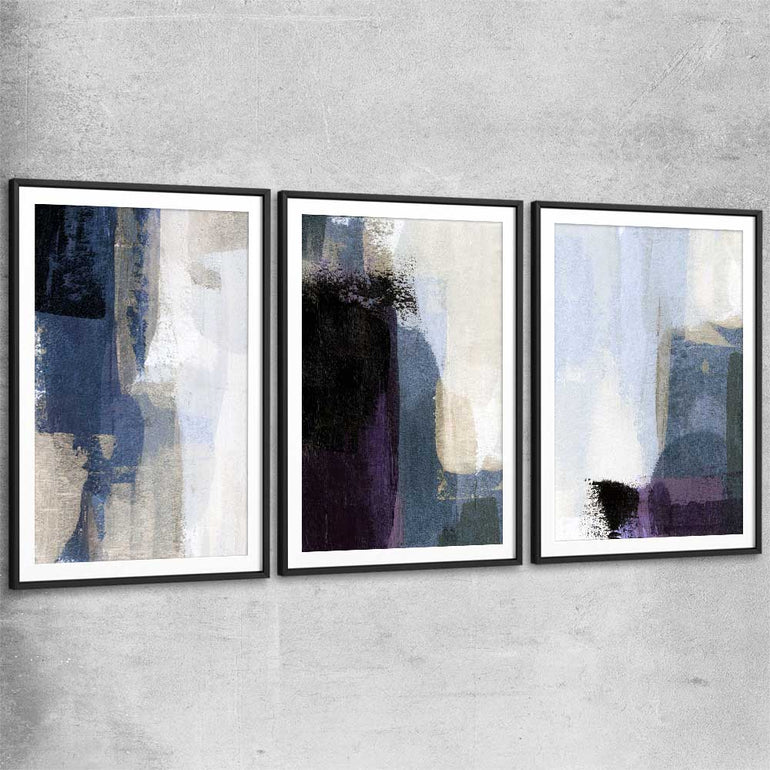 Soft Blue Set black glass front frame - part of our high quality canvas abstract wall art collection