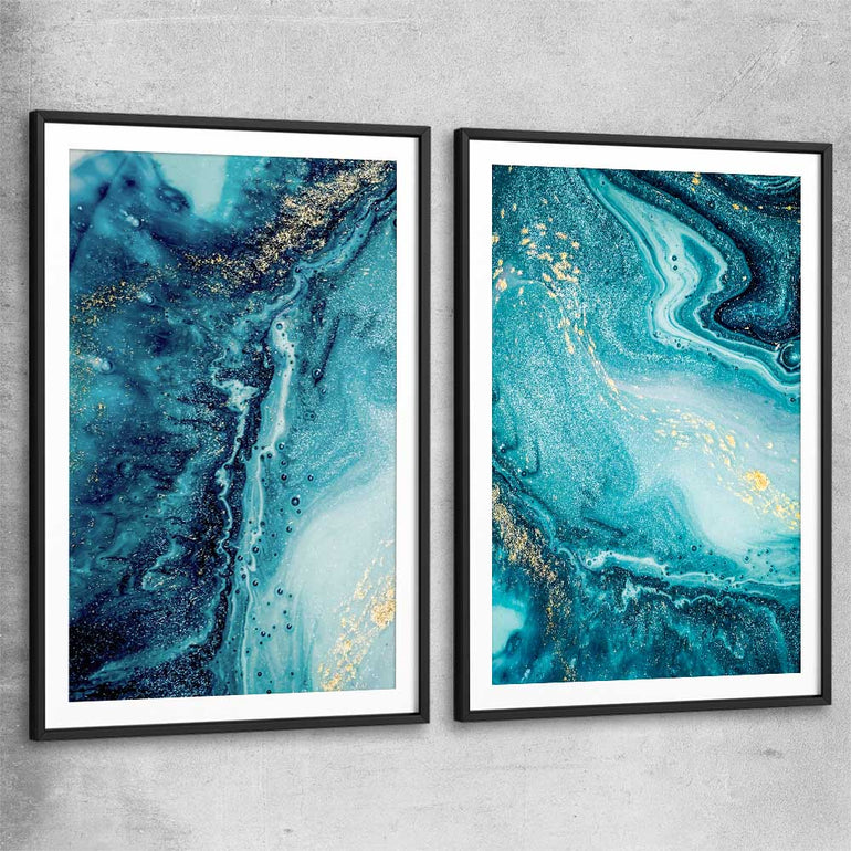 Turquoise Ocean Pair black glass front frame - part of our high quality canvas abstract wall art collection