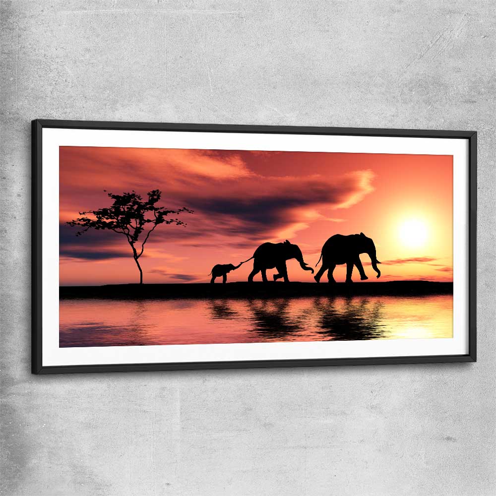 Animal wall art and canvas prints of Elephant Family Dawn with black glass front frame