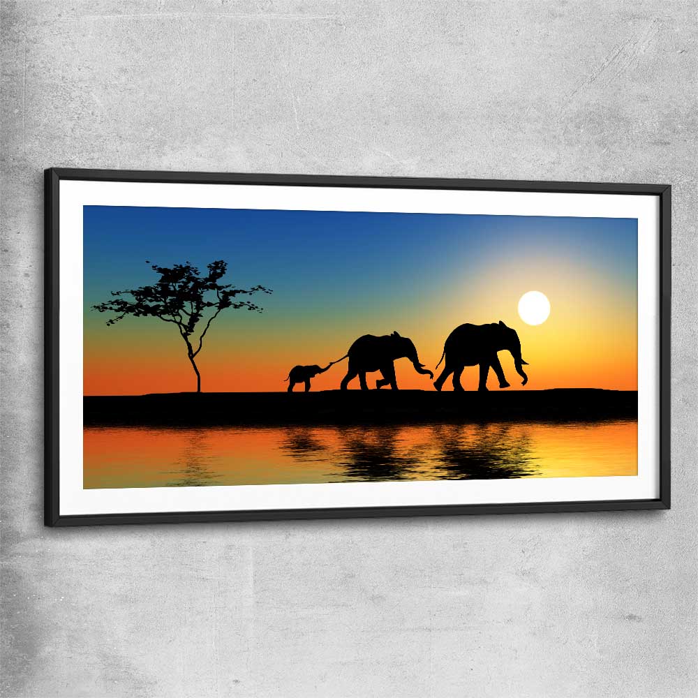 Animal wall art and canvas prints of Elephant Family with black glass front frame