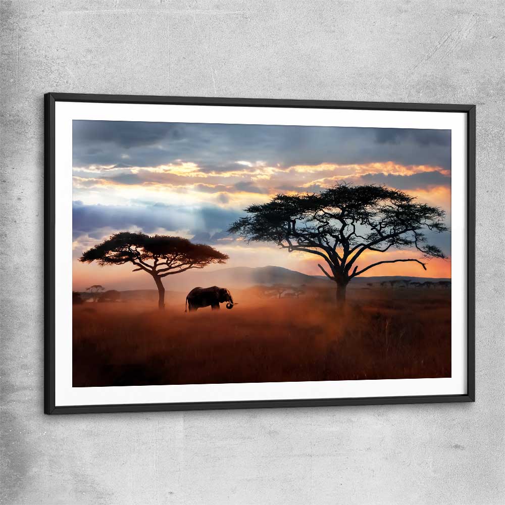 Animal wall art and canvas prints of Golden Savannah Journey with black glass front frame