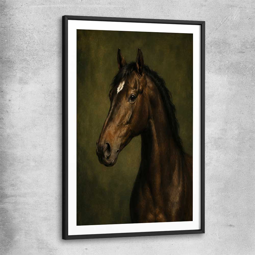 Animal wall art and canvas prints of Midnight Stallion with black glass front frame