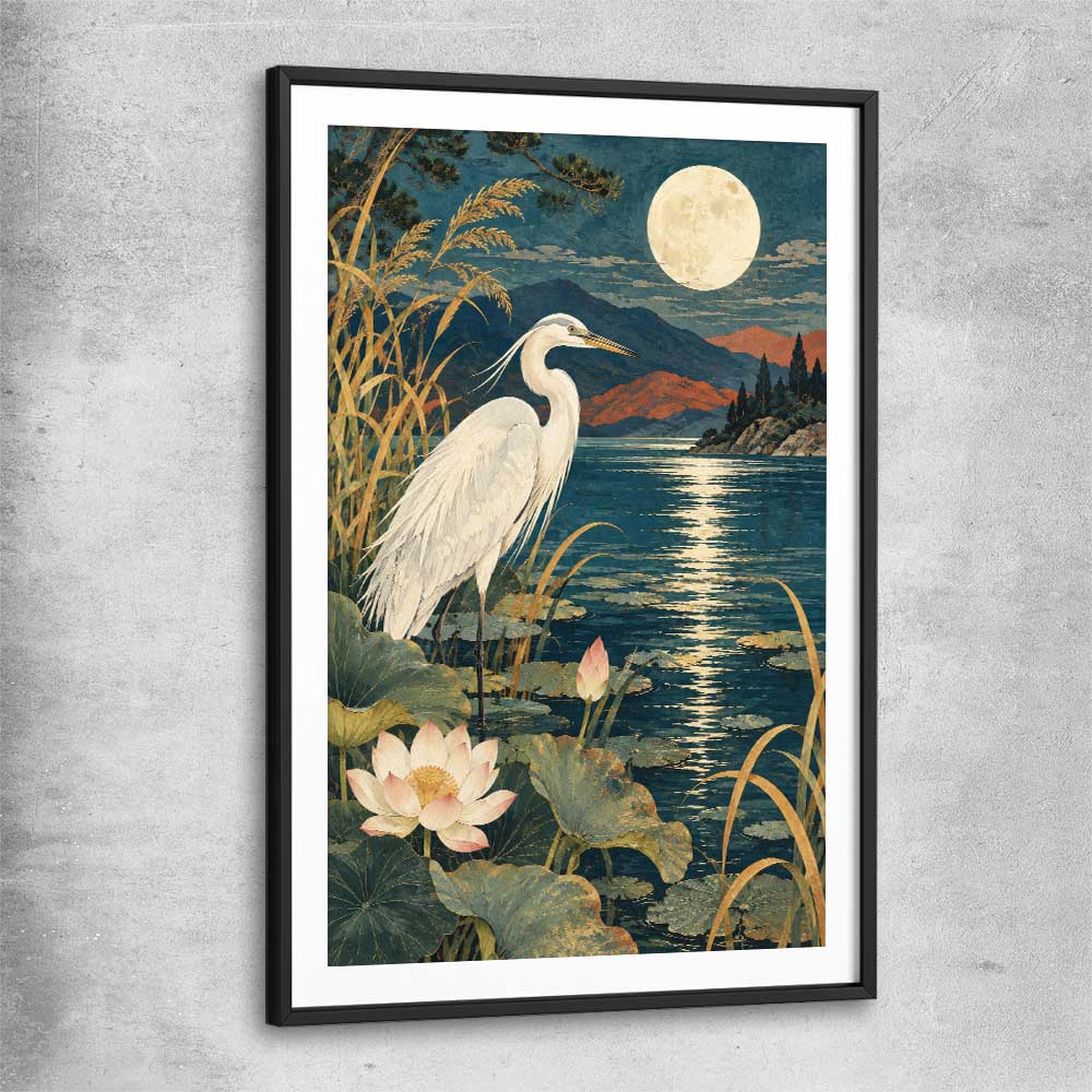 Animal wall art and canvas prints of Moonlit Heron with black glass front frame