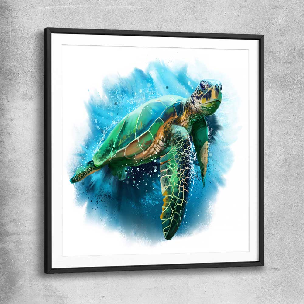 Animal wall art and canvas prints of Watercolour Sea Turtle with black glass front frame