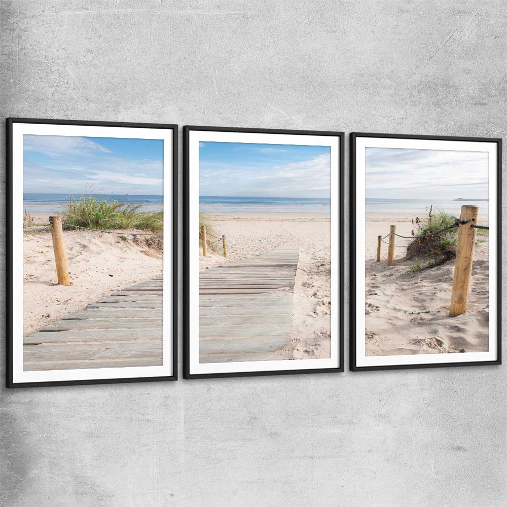 Beach and coastal wall art print of Beautiful Beach Path Set with black glass front frame