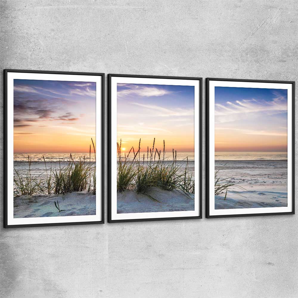 Beach and coastal wall art print of Calming Sunset Set with black glass front frame