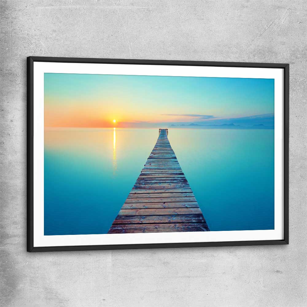 Beach and coastal wall art print of Endless Ocean Pier with black glass front frame