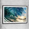 Beach and coastal wall art print of Golden Barrel Wave with black glass front frame