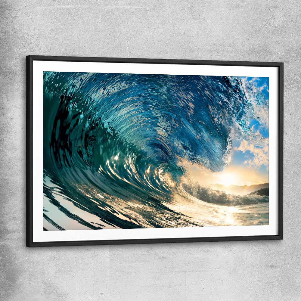 Beach and coastal wall art print of Golden Barrel Wave with black glass front frame