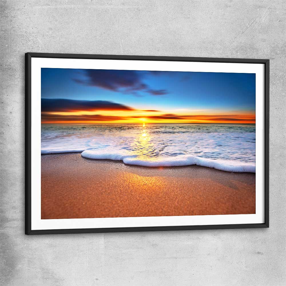 Beach and coastal wall art print of Radiant Ocean Sunset with black glass front frame