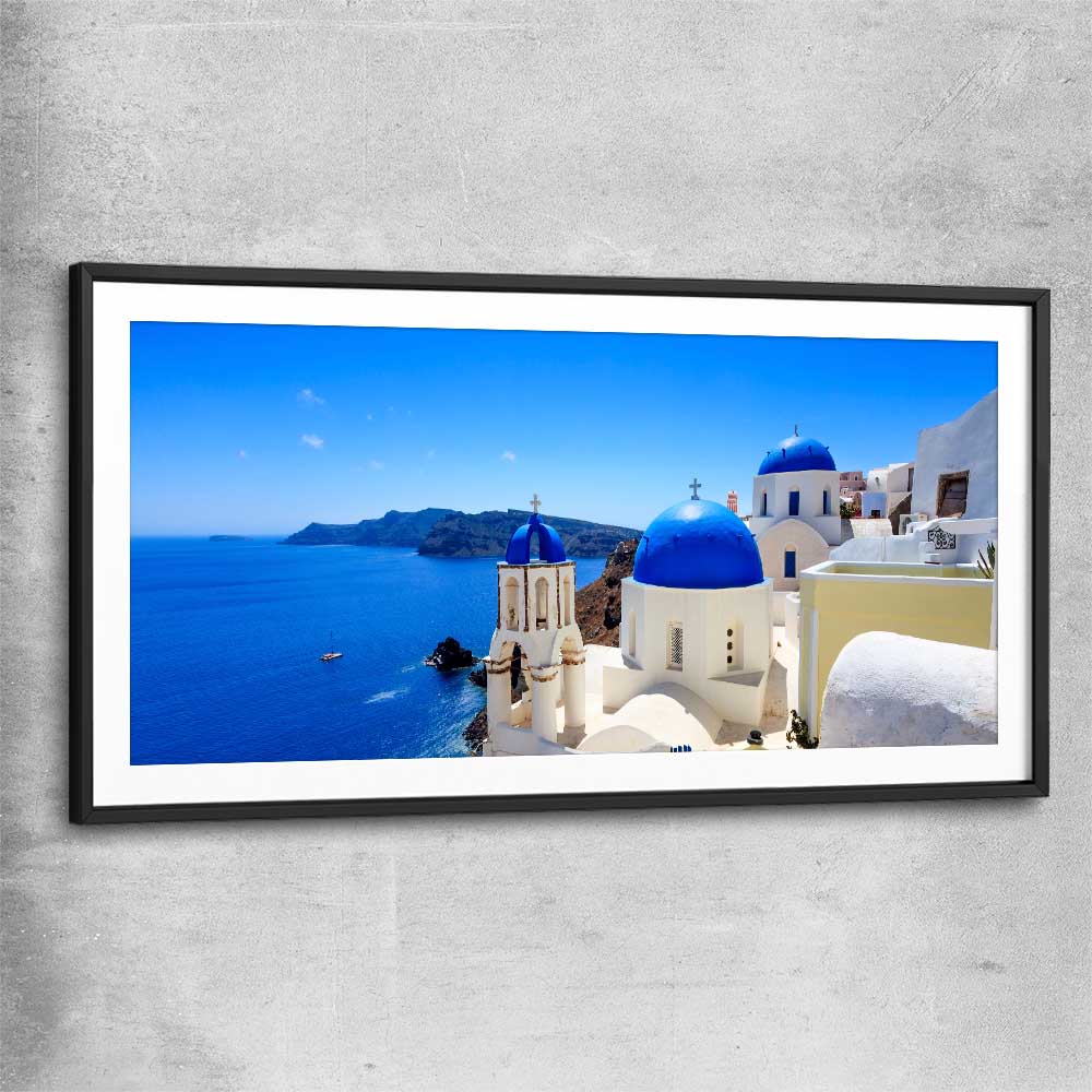 Beach and coastal wall art print of Santorini Cliffside with black glass front frame