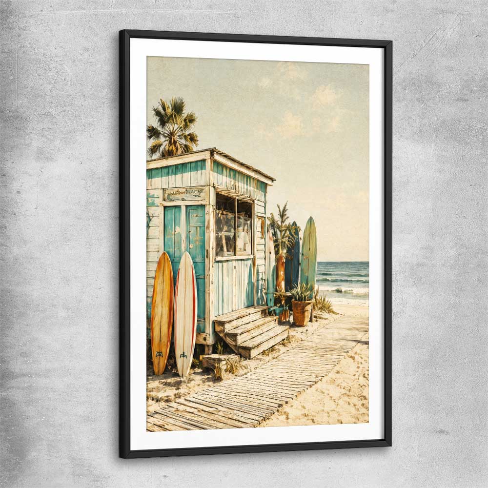 Beach and coastal wall art print of Seaside Surf Shack with black glass front frame