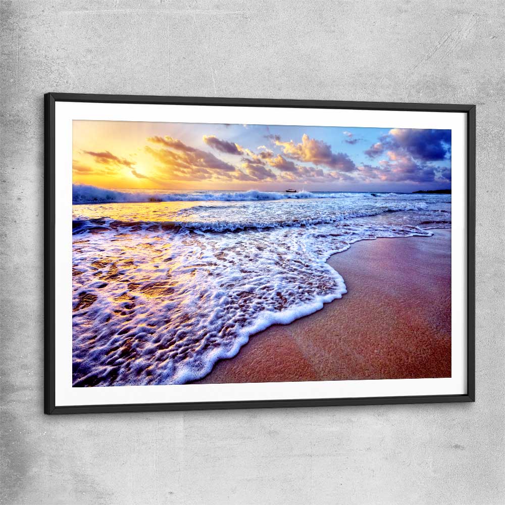Beach and coastal wall art print of Sunset Coastal Glow with black glass front frame