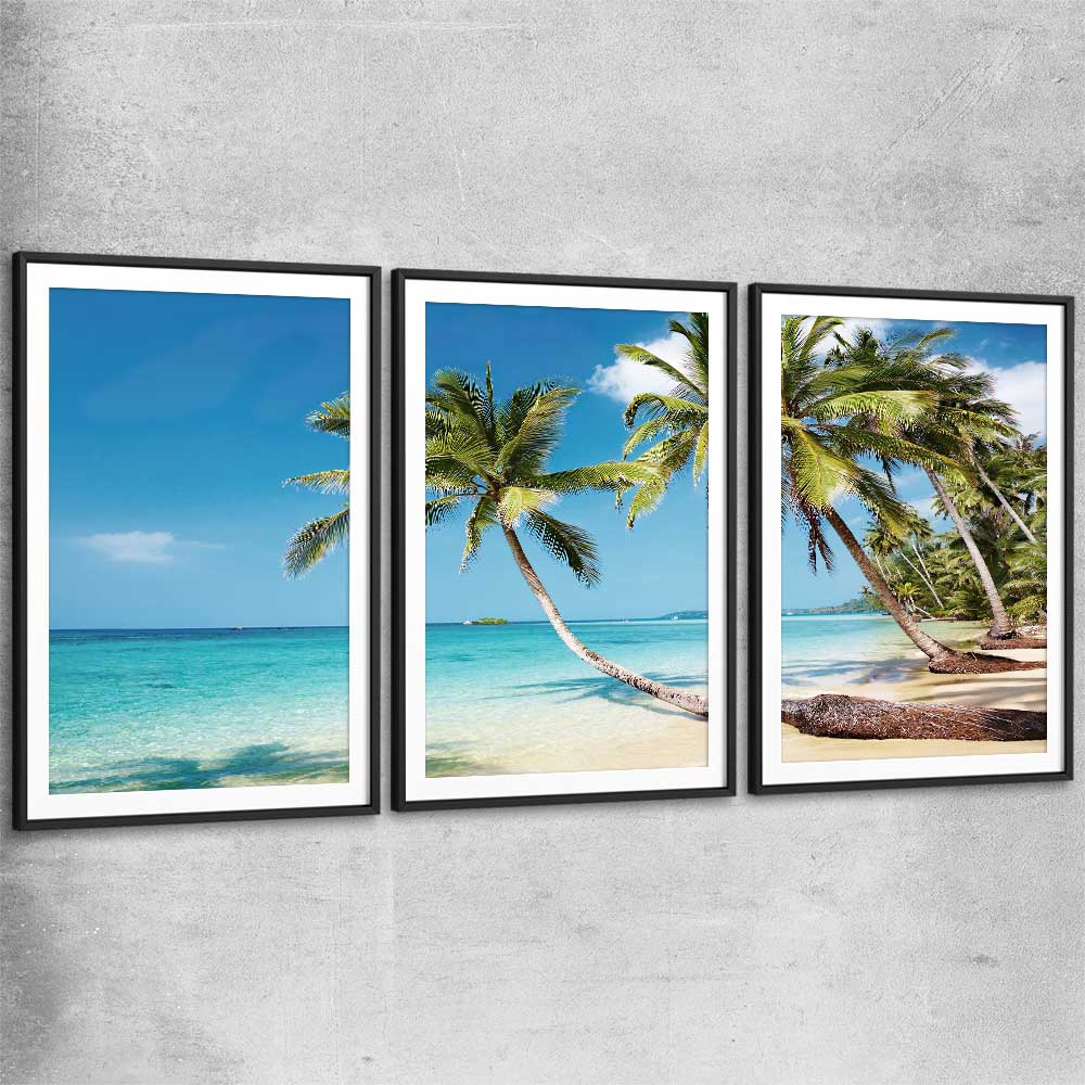 Beach and coastal wall art print of Tropical Paradise Set with black glass front frame