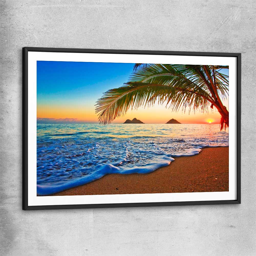 Beach and coastal wall art print of Tropical Sunset Shore with black glass front frame
