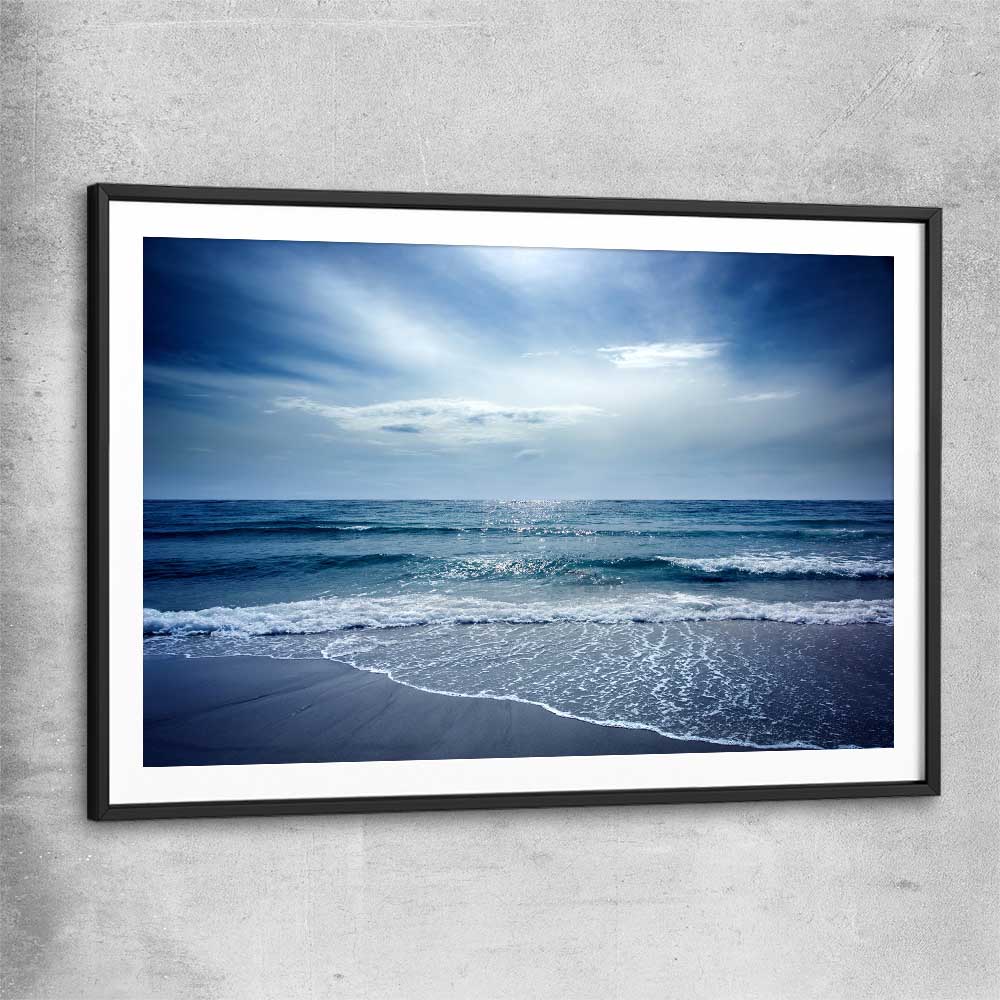 Beach and coastal wall art print of Beach Solitude with black glass front frame