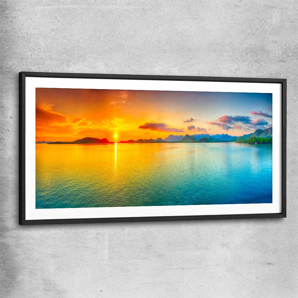 Beach and coastal wall art print of Beautiful Sunset with black glass front frame