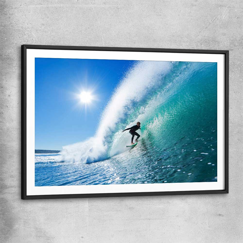 Beach and coastal wall art print of Blue Ocean Surfer with black glass front frame