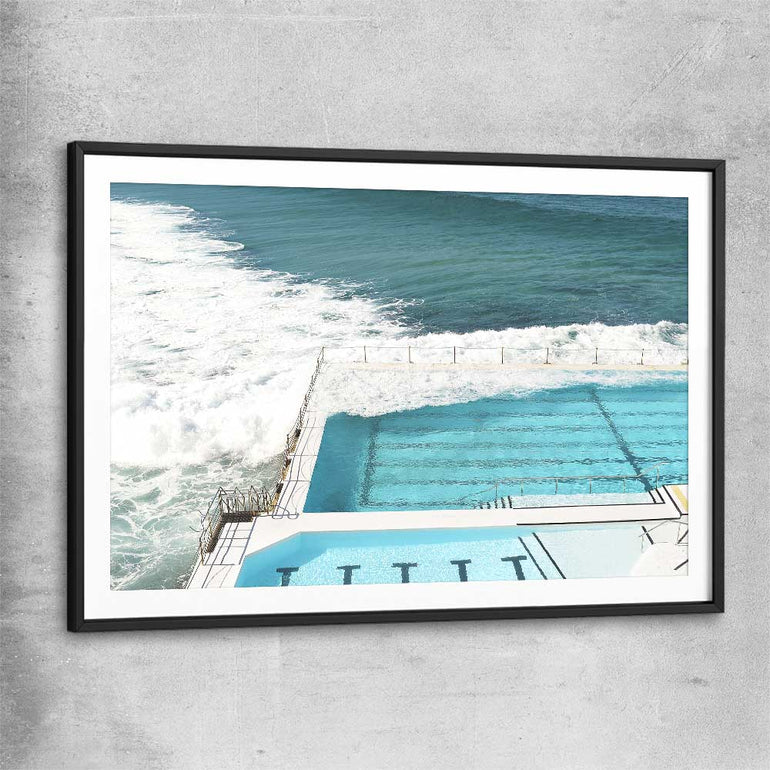 Beach and coastal wall art print of Bondi Iceberg Tide with black glass front frame