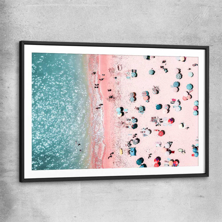 Beach and coastal wall art print of Bondi Pink Aerial with black glass front frame