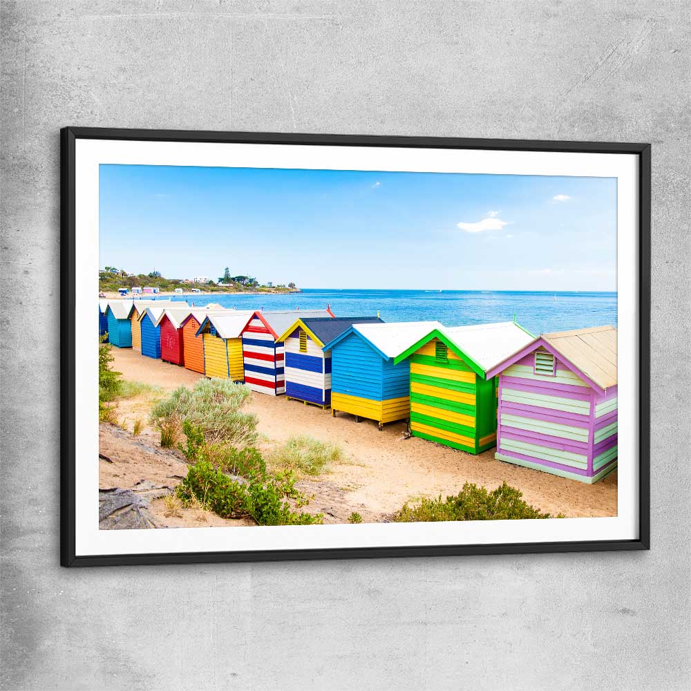 Beach and coastal wall art print of Brighton Beach Australia with black glass front frame