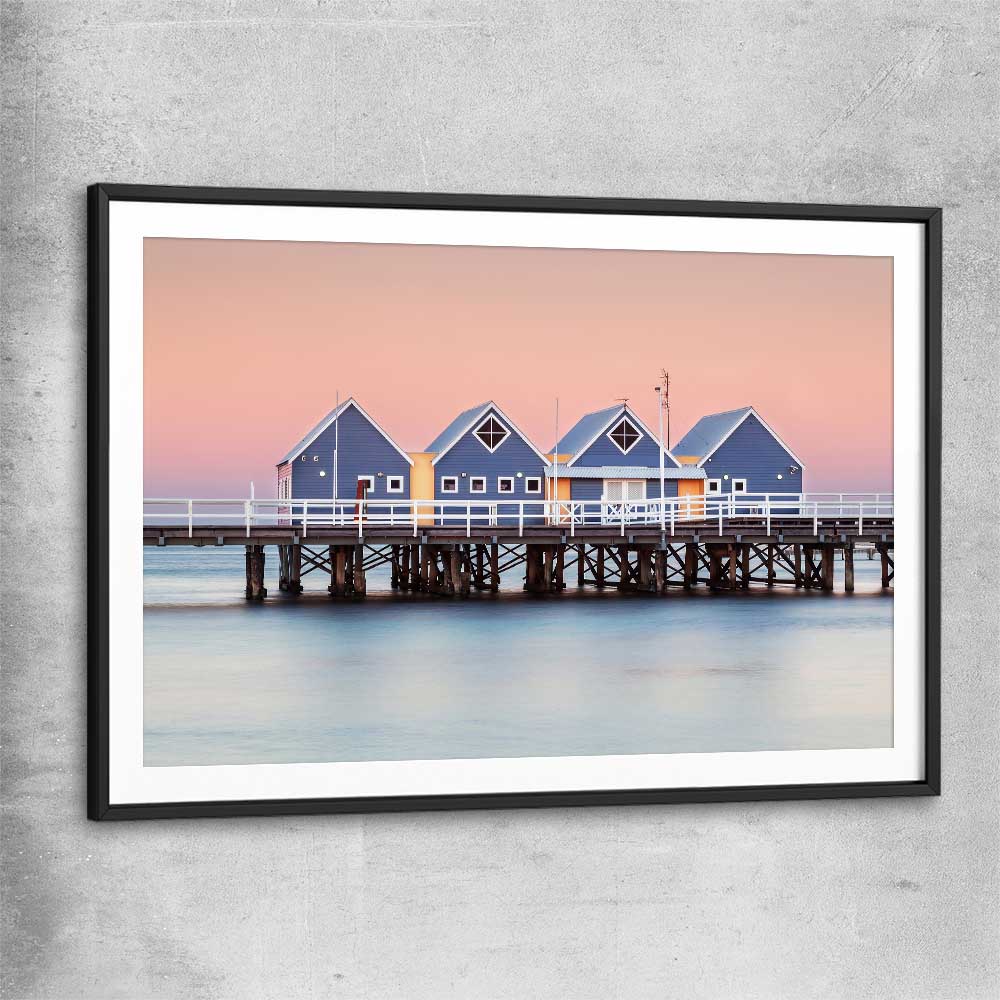 Beach and coastal wall art print of Busselton Jetty with black glass front frame