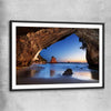 Beach and coastal wall art print of Cathedral Cove New Zealand with black glass front frame