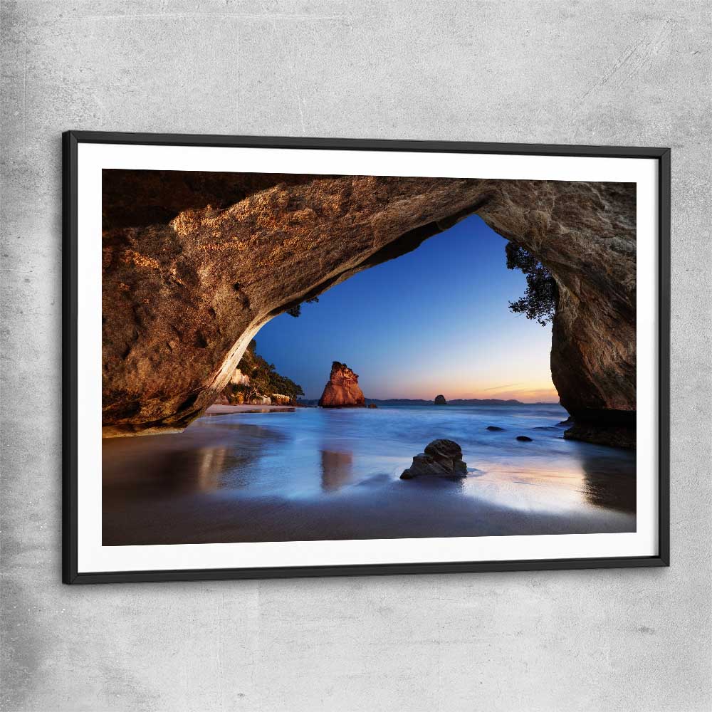 Beach and coastal wall art print of Cathedral Cove New Zealand with black glass front frame