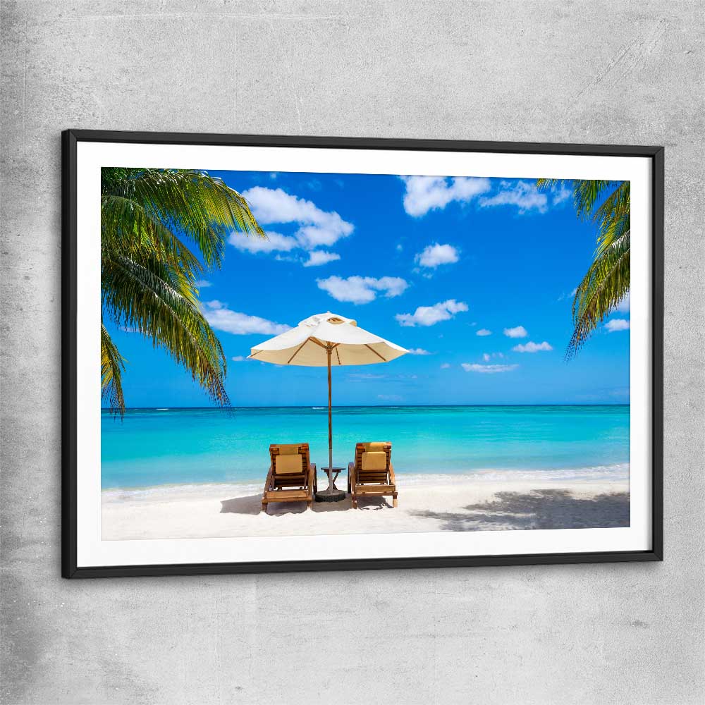 Beach and coastal wall art print of Coastal Retreat with black glass front frame