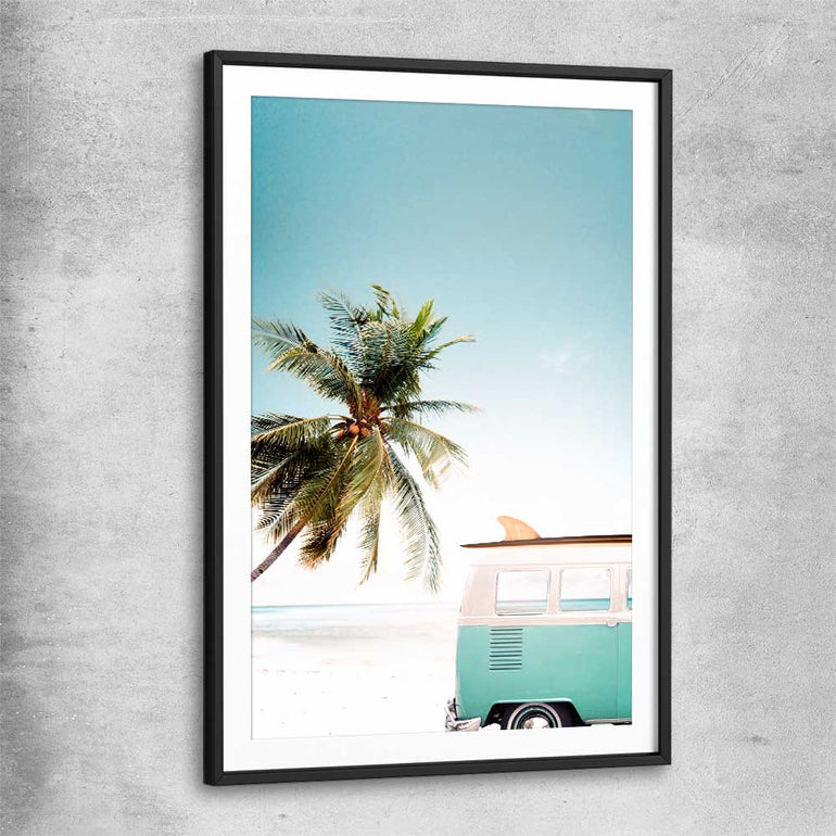 Beach and coastal wall art print of Combi Van Beach with black glass front frame