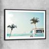 Beach and coastal wall art print of Combi Van Palms with black glass front frame