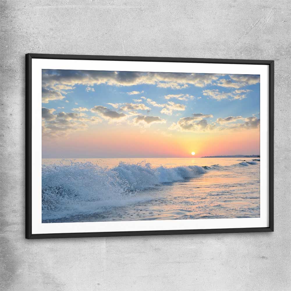 Beach and coastal wall art print of Gentle Tide at Dusk with black glass front frame