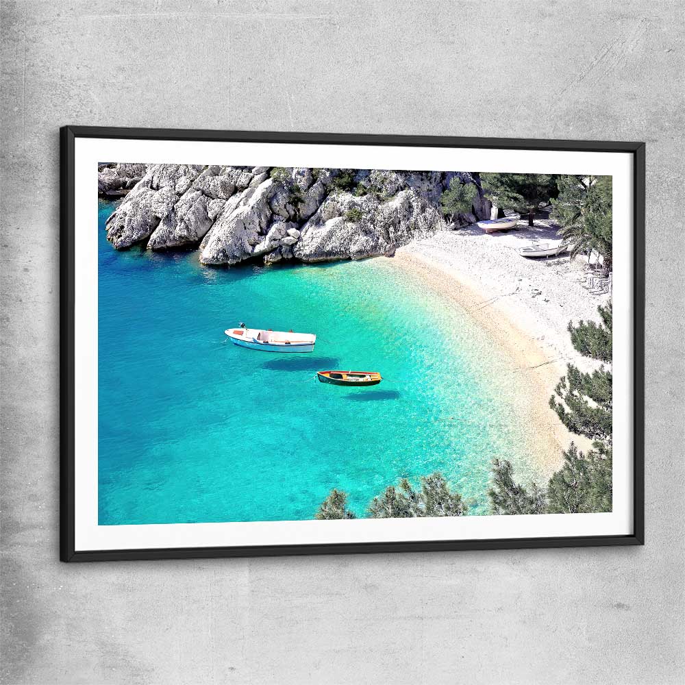 Beach and coastal wall art print of Hidden Beach with black glass front frame