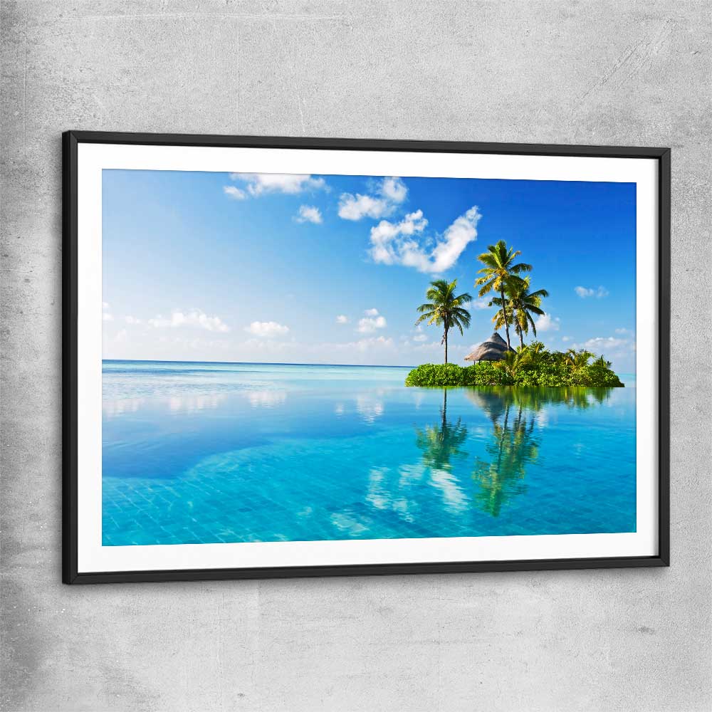 Beach and coastal wall art print of Island Serenity with black glass front frame