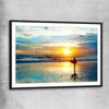 Beach and coastal wall art print of Last Surf at Sunset with black glass front frame