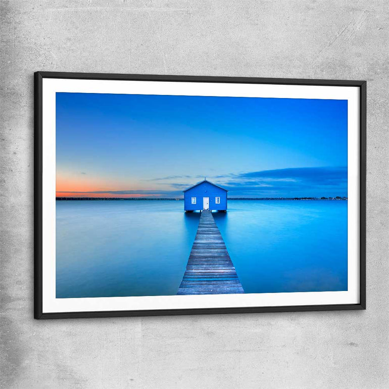 Beach and coastal wall art print of Matilda Bay Boathouse with black glass front frame