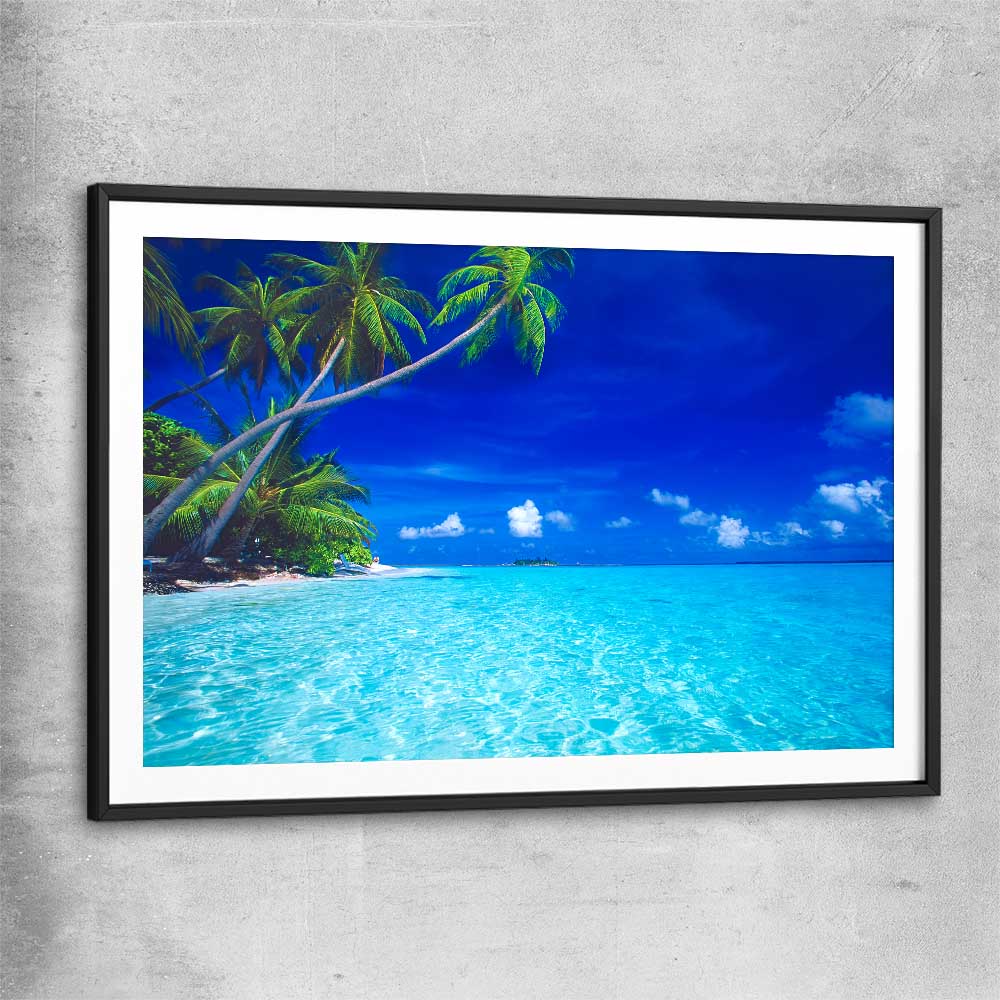 Beach and coastal wall art print of Paradise Shore with black glass front frame