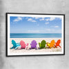 Beach and coastal wall art print of Pastel Chairs with black glass front frame