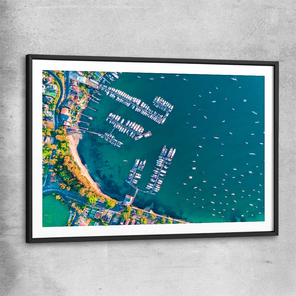 Beach and coastal wall art print of Point Piper Piers with black glass front frame